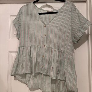 Striped V-Neck Button-Up Top